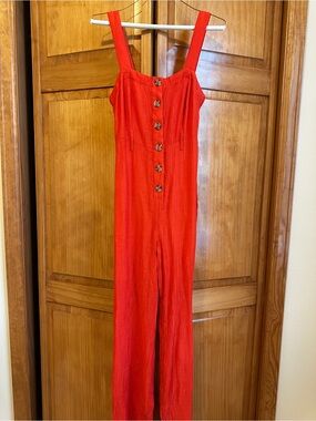 FAVLUX Red Button-Front Wide-Leg Jumpsuit- Small